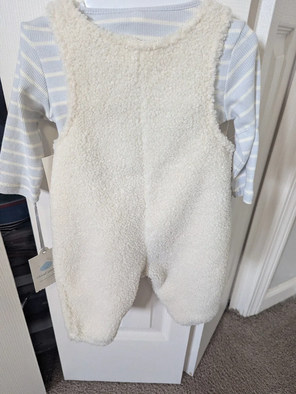 cloud island Cream Sherpa Overalls with Light Blue Stripe Bodysuit